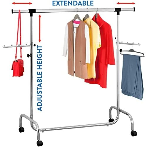 Tatkraft Falcon Sturdy and Big Clothes Rack on Wheels, Extendable Length (106-179 cm) and Height (137.5-187.5 cm), Easy to Assemble, Chromed Steel